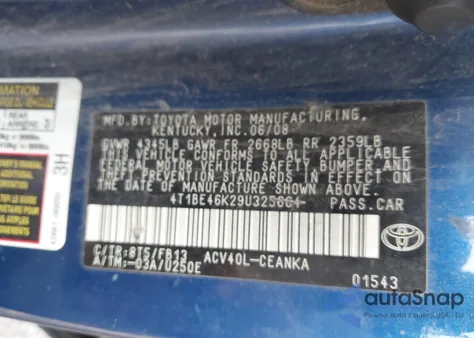 2009 Toyota Camry Le from USA, damaged, VIN 4T1BE46K29U325664